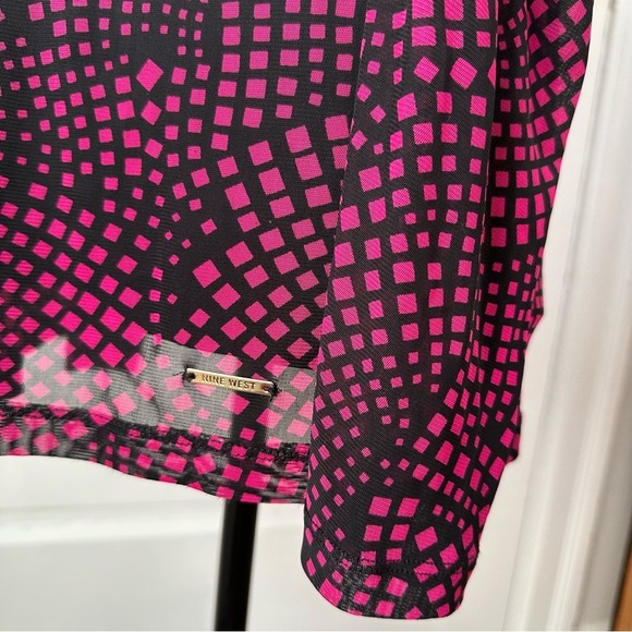 Nine West Women's Blouse Puff Sleeves Geometric Pink Print‎ Feminine Career Y2K - Picture 9 of 16